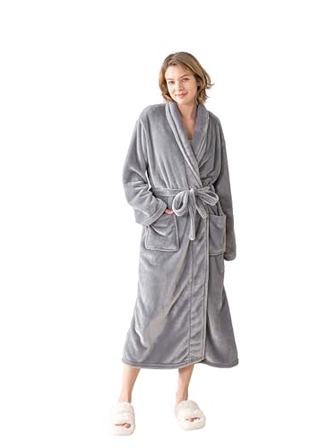 KORBLISS Robes for Women – Premium Plush Fleece Long Bathrobe for Women with Shawl Collar, Soft Warm Womens Robe with Pockets and Belt, X-Large, Light Grey — view 3