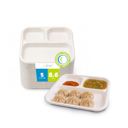 Image of EATONS White Bagasse 3-Compartment Disposable Meal Tray, 9 inch Pack of 5 | Eco-Friendly Compostable, Unbleached & Non-Toxic | Microwave & Freezer Safe, Leak-Proof | Party, Thali & Takeaway Plates