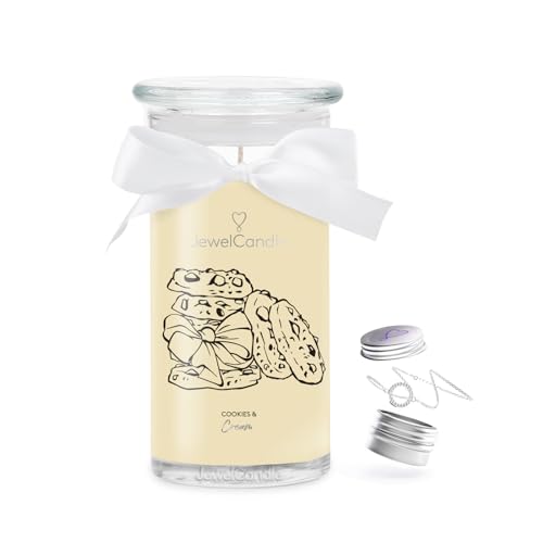 JuwelKerze Cookies & Cream Armband Silber - Schmuckkerze 80 Std - große Duftkerze mit Orientalischem Duft - beige Kerze mit Schmuck Überraschung - Geschenke für Frauen, Geburtstag