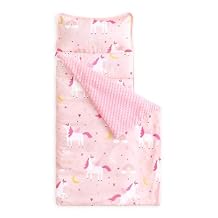 Wake In Cloud - Toddler Nap Mat with Pillow and Minky Fleece Blanket, for Kids Girls in Daycare Preschool Kindergarten, Roll Up Sleeping Bag, Colorful Unicorn Rainbow, Pink, Standard