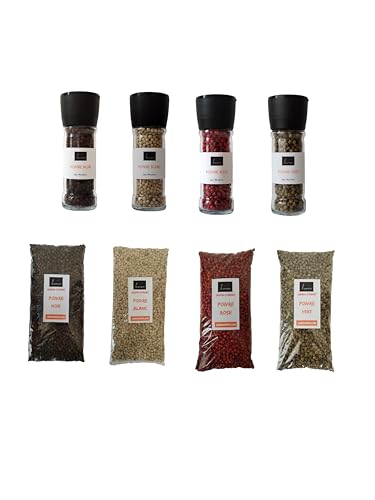 Le Monopati – Lot de 4 Moulins à Poivre + 4 Sachets Recharges (Noir, Vert, Blanc, Rose) – 802g au Total – Poivre en Grains Grand Format – 100% Naturel, Sans Additifs
