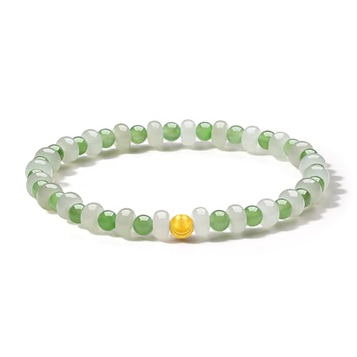 24K Solid Gold White Jade Bead Bracelet, Pure Gold Elastic Hetian Jade Bracelet, Stretchable Real Gold White Jade Bead Bracelet for Women Girlfriend