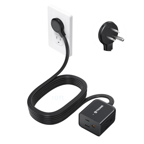 Image of TROND Flat Extension Cord 10ft - Right Angled Flat Plug Power Strip, ETL Listed, 3 Plug Extension Outlets, Three Prong, SPT 16 /3 Gauge Cable, 13 Amps, Compact for Indoor Home Office Kitchen, Black
