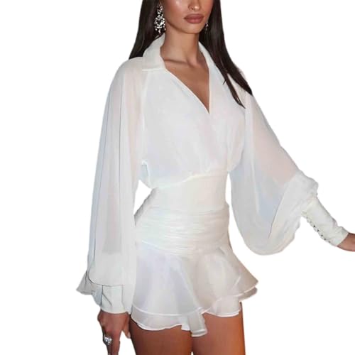 BXCNCKD Women's Elegant V-Neck Long Sleeved Dress with high Waist for Slimming and Waist Cinching Short Skirt
