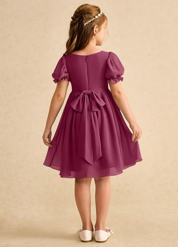 Junior Girls Bridesmaid Dress for Wedding Chiffon Short Puff Sleeve Flower Girl Dresses for Teen with Bow Back JR0322