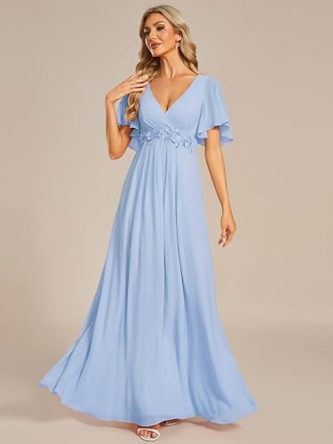 Image of Ever-Pretty Womens V Neck Applique Mother of the Bride Dresses Formal Dress | Chiffon, Short Sleeves, Ruched, A-Line, Bridesmaid Dresses, Formal Gown, Black Tie Dress