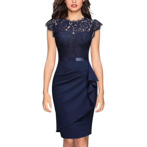 Vestido de fiesta de graduación para mujer, elegante diseño floral de encaje con volantes, manga casquillo, azul, XL
