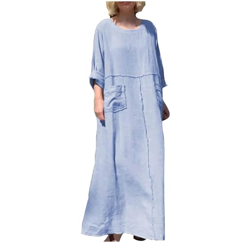 Patchwork Cotton Dress for Women Crew Neck Long Sleeve Maxi Dresses with Pockets Summer Fashion Casual Plus Size