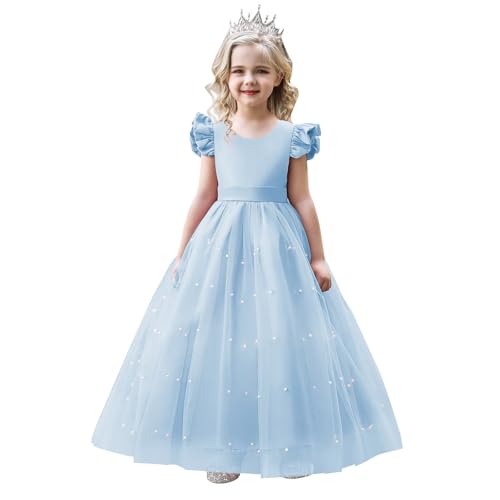 Girl Formal V-Back Satin Flower Girl Dress Girls Dresses for Wedding Flying Sleeve Pearls Tulle Girls Prom Ball Gown Princess Dresses Light Blue