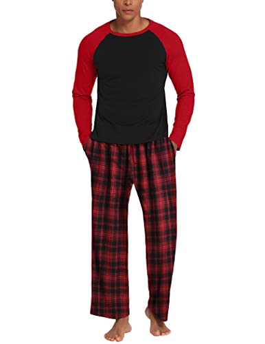 ADOME Herren Schlafanzug Lang Pyjama Rundhals Männer Langarm Oberteil und Karierte Schlafanzughose Schlafanzüge für Herren Nightwear Set, S-XXL