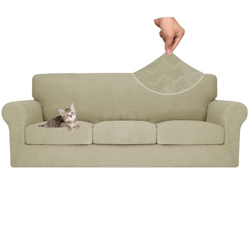 MAXIJIN 4 Piece Couch Covers for 3 Cushion Couch Sofa Covers, Stretch Couch Slipcovers for Sofas with 3 Cushions, Thick 3 Seat Furniture Protector for Dogs Pet (71"-91", Khaki)
