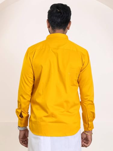 Image of RAMRAJ COTTON Men Premium Cotton Full Sleeves Shirt and Fancy Border Dhoti Set Luxe Set