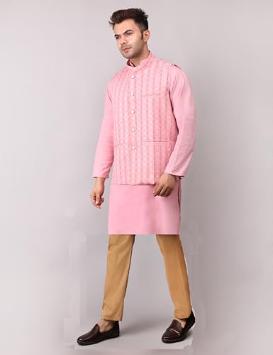 Image of Men's Cotton Silk Blend Regular Kurta Pyjama, Embroidered Nehru Jacket /Waistcoat Set