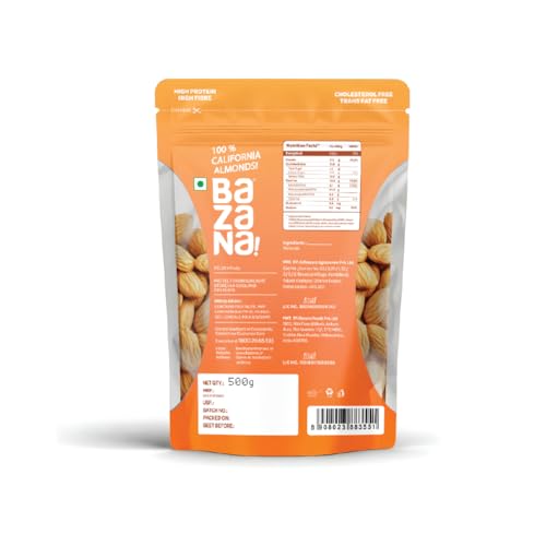 Image of Bazana Premium Californian Almonds /Badam, 500g | Rich in Protein, Fiber & Vitamin E | Healthy Nuts & Dry Fruits Snack for Daily Nutrition