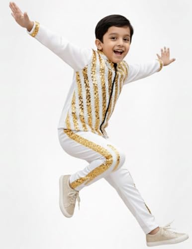 Image of BookMyCostume White & Golden Sequin Western Dance Costume for Boys | Stylish Shiny Full Sleeve Shirt and Pant Set with Zipper Closure | Annual Dance Costume for boys | Fancy Dress for Boys | 7-8 Years