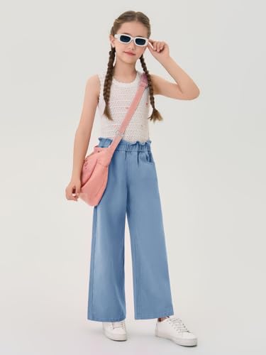 Haloumoning Girls Cute Wide Leg Flared Jeans Kids Oversized Elastic Waist Paper Bag Pants with Pockets 5-14 Years3