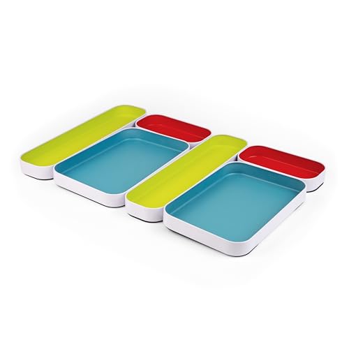 Three by Three Seattle 6 Piece Shallow Metal Organizer Tray Set for Storing Makeup, Stationery, Utensils, and More in Office Desk, Kitchen and Bathroom Drawers (1 Inch, Multicolor)