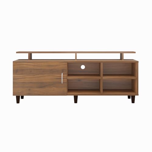 Image of VIKI Modern TV Unit for Living Room | Engineered Wood TV Cabinet with 1 Door Storage, 2 Open Shelves & Extension, Entertainment Unit, 140W x 48H x 40D cm | DIY | 1 Year Warranty (Walnut)