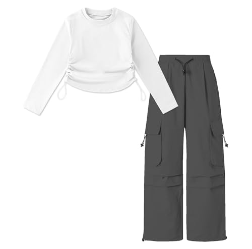 Image of Betusline Girl's 2 Piece Outfits, Cute Girls Fall Clothing Sets Cargo Pants + T-Shirt Top, 4T-14 Years