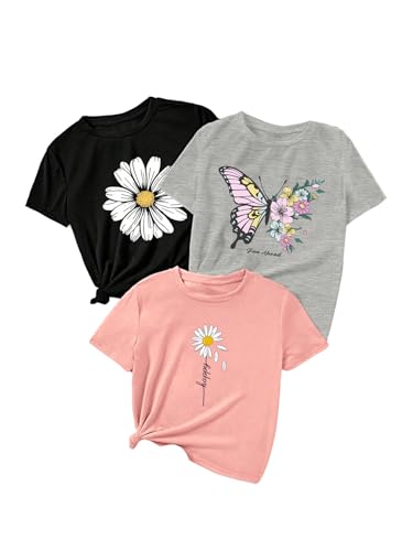 SweatyRocks Girl's 3 Pack Floral Graphic Tees Crew Neck Short Sleeve T Shirt Tops