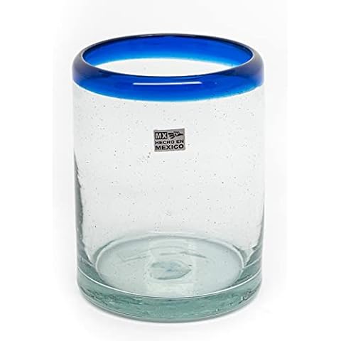 EMPORION Set of 6 Hand-Blown Tumbler (10 oz) Glasses from Mexico with Cobalt Blue Rim - Rustic & Handcrafted Recycled Bubble Glass Drinking Glassware Cover