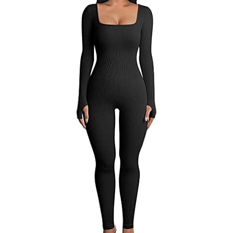 EUDOLAH Damen Sport Jumpsuit Lang Eng Yoga Bodysuit Workout Playsuits Overall Stretch Langarm Bodycon Einteiler Sportanzug Hosenanzug Trainingsanzug XL A-Schwarz Cover