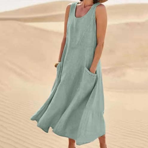Image of Apvirdy Linen Dress for Women Summer Sleeveless Solid Casual Baggy Flowy Maxi Dresses with Pockets