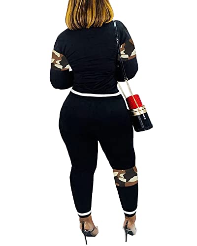 Womens 2 Piece Jogger Outfits, Camouflage Long Sleeve Pullover Tops Skinny Pants Tracksuit Set Brown M #TOP2