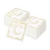 SINGOMON 100PCS Ramadan Napkins Eid Mubarak Paper Napkins Disposable Eid Cocktail Napkins White Napkin Gold Stars Moon Guest Hand Towels for Muslim Birthday Party Supplies Ramadan Table Decorations