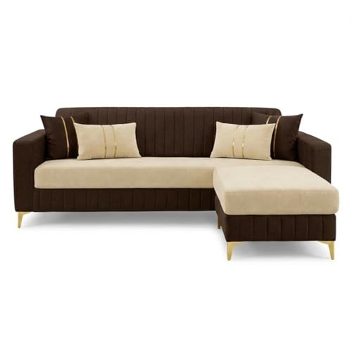 Image of CASASTYLE Noviq 4 Seater L Shape Sofa Set with Movable Ottoman | Flexible Left or Right Layout | Cozy Velvet Fabric | Soft Touch Seating | Modern Designer Sofa for Living Room (Dark Brown-Cream)