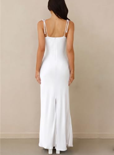 Image of 2026 Satin Cowl Neck Spaghetti Strap Maxi Dress for Women Bridesmaid | Silk,Tie Strap,Slip,Slit,Midi,Wedding Guest,Graduation,Elegant,Cocktail,Vacation,Party
