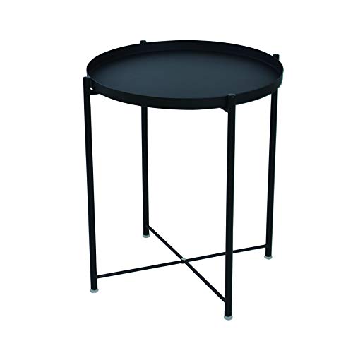 GOLDFAN Mesa Redonda de Café Pequeña Mesa Auxiliar de Metal Sofá Gabinete Mesita de Noche con Bandeja Extraíble, Negro