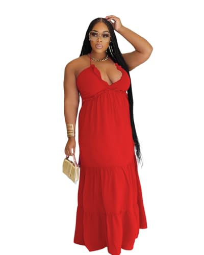 Image of TOPSRANI Womens Sleeveless Maxi Dress Halter Casual Backless Smocked Tiered Ruffle Flowy Sexy Slip Sling Strap Dresses