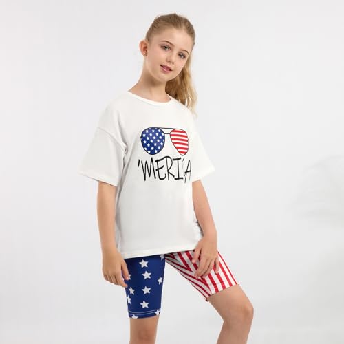 Image of Weixinbuy Girls 4th of July Outfit 2 Piece Short Sleeve Oversized T-Shirt and Biker Shorts Kids Fashion Summer Colothes Set