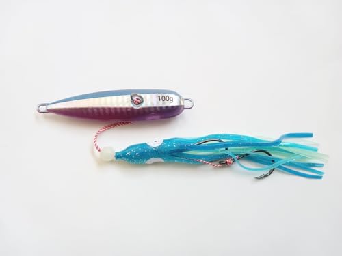 インチク 100g 5色あり 夜光玉付 蓄光 オモリ部分8.5cm タコベイト約12cm 青物 真鯛 マダイ メタルジグ タイラバ 鯛ラバ カブラ ジギング ブリ エソ マグロ カツオ アマダイ ルアー ボート オフショア 船釣り (ブルー)