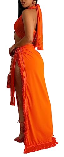 Image of Womens Sexy 2 Pieces Tassel Crisscross Bandage Crop Tops Bodycon Split Skirts Party Clubwear Dress Outfits Set Orange