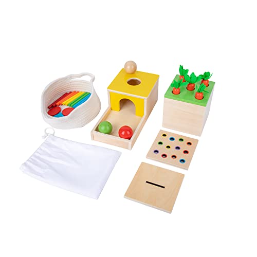 Image of Adena Montessori 4 in 1 Wooden Play Kit Baby Toys,Object Permanence Box,Matchstick Color Drop Game,Carrot Harvest and Coin Box,Ball Drop Toy for Kid 1,2,3 Year Old,Girl Boy Gift for Baby 6-12 Month
