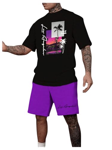 Men's Track Suit 2 Piece Set Short Sleeve Graphic Tees & Drawstring Waist Shorts Casual Outfits