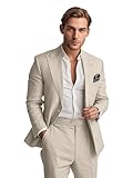 Lanshion Mens Linen Suit 2 Piece Summer Casual Business Slim Fit Blazer Set for Beach Weddings Parties Tuxedo Jacket Pants Beige XX-Large