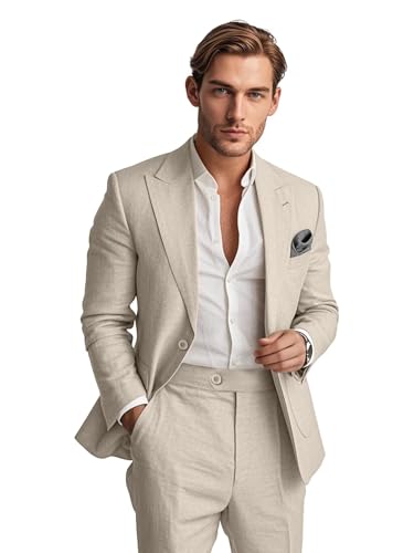 Mens Linen Suit 2 Piece Summer Casual Business Slim Fit Blazer Set for Beach Weddings Parties Tuxedo Jacket Pants