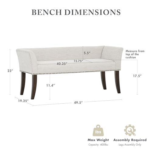 Image of Madison Park Accent Bench for Living Room, Upholstered with Nailhead Trim, & Padded Seat Entryway Bench Small, End of Bed Bench with Back, 49.5 inch W x 19.25 inch D x 23 inch H, White Cream