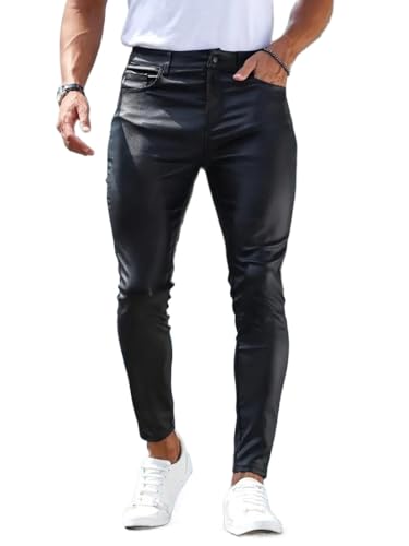 Idopy Herren-Hose, schmale Passform, fünf Taschen, dehnbar, Kunstleder, PU, Konzerte, Party, Nachtclub, Reiterhose, Schwarz , L