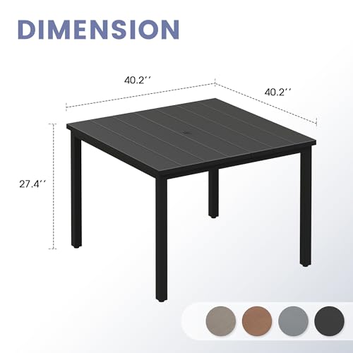Image of VICLLAX Square Patio Dining Table for 4, Outdoor Patio Table with Umbrella Hole for Garden Lawn Deck Backyard, Black Tabletop
