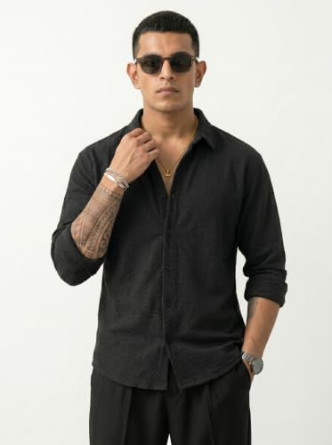 Image of Men's Casual Button Down Shirts Long Sleeve Cotton Bland Shirt Fashion Textured Beach Summer Shirt
