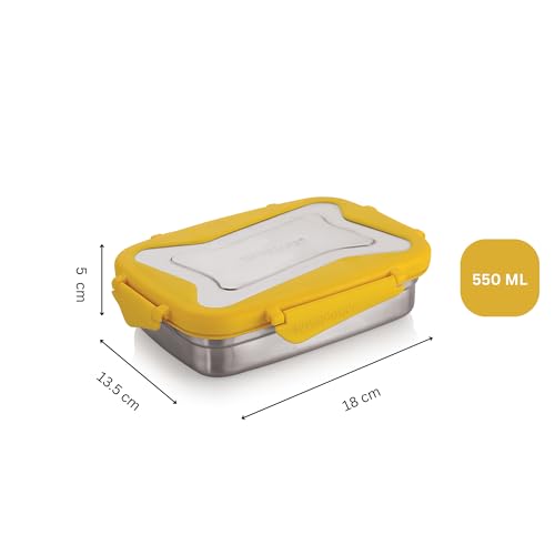 Image of STEELLOCK Smart Stainless Steel Tiffin Lunch Box for Kids and Adults | Airtight & Leakproof | Rectangle Tiffin Box for School & Office with Steel Lid | Yellow 550ml - 2pc
