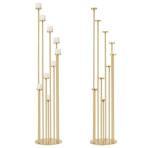 Fullvaseer 2pcs 9 Arm Candelabra,Floor Candle Holders Tall Set for Wedding Aisle Decoration,Gold Candelabras for Fireplace,Candle Stand Fit for Flameless or Wax