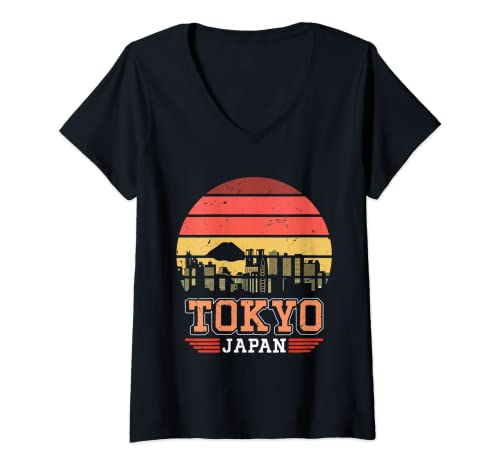 Mujer Tokio Japón Retro Vintage Atardecer horizonte Tokio Camiseta Cuello V
