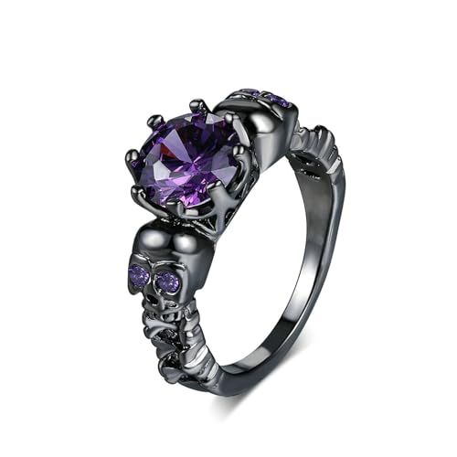 QOBEBOTA Gothic Jewelry Skull Black Rings for Women Halloween Skeleton Witchy Ring Goth Accessories Purple Cubic Zirconia Cool Grunge Ghost Band Statement Size 9 Rings for Women