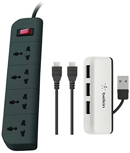 Image of Belkin Essential Series 4-Socket Surge Protector Universal Socket with 5ft Heavy Duty Cable (Grey) & 4-Port USB to USB 2.0 Ultra-Mini Hub Adapter, Laptop and Desktop (White) & High Speed HDMI Cable