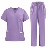 Meichoon Scrubs for Women Professional Medical Uniform Set with Short Sleeve Top Straight Leg Pants Stretchy Drawstring DK77Purple L